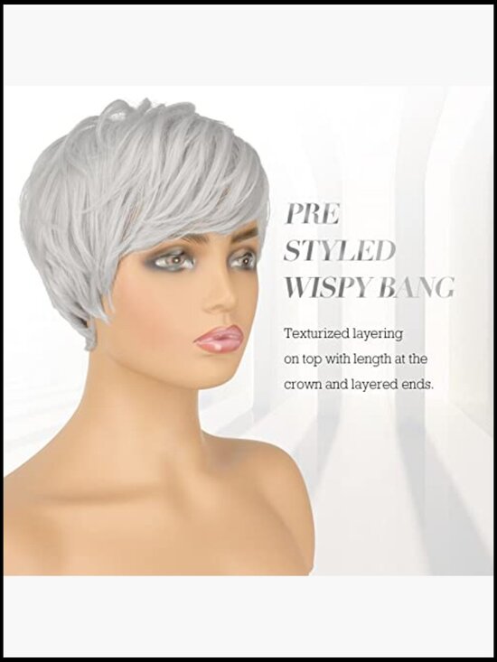 Short Pixie Wig Synthetic Wavy Layered Haircut with Bangs Glueless main image 2